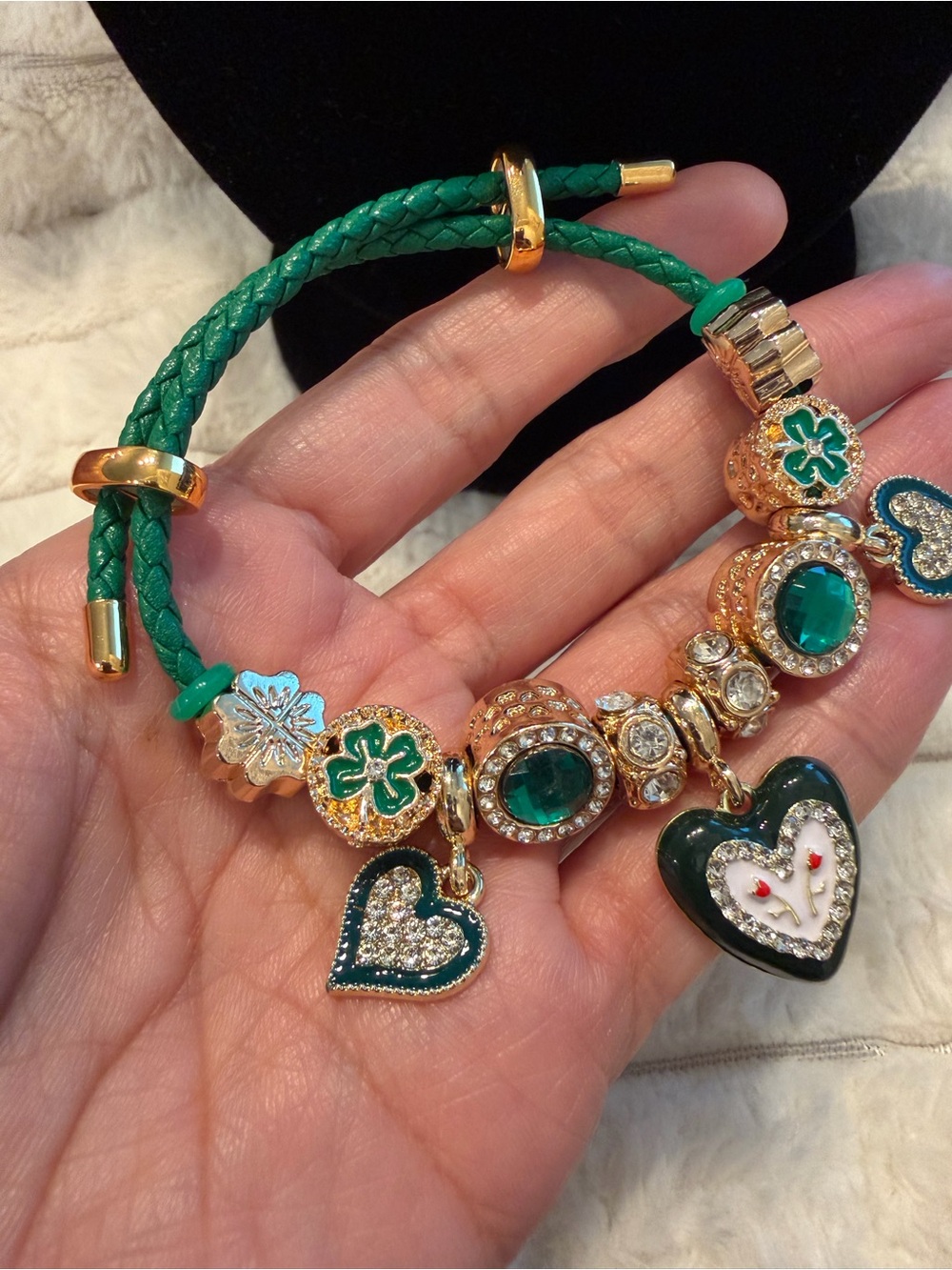 Green Enamel & Crystal Charm Bracelet
